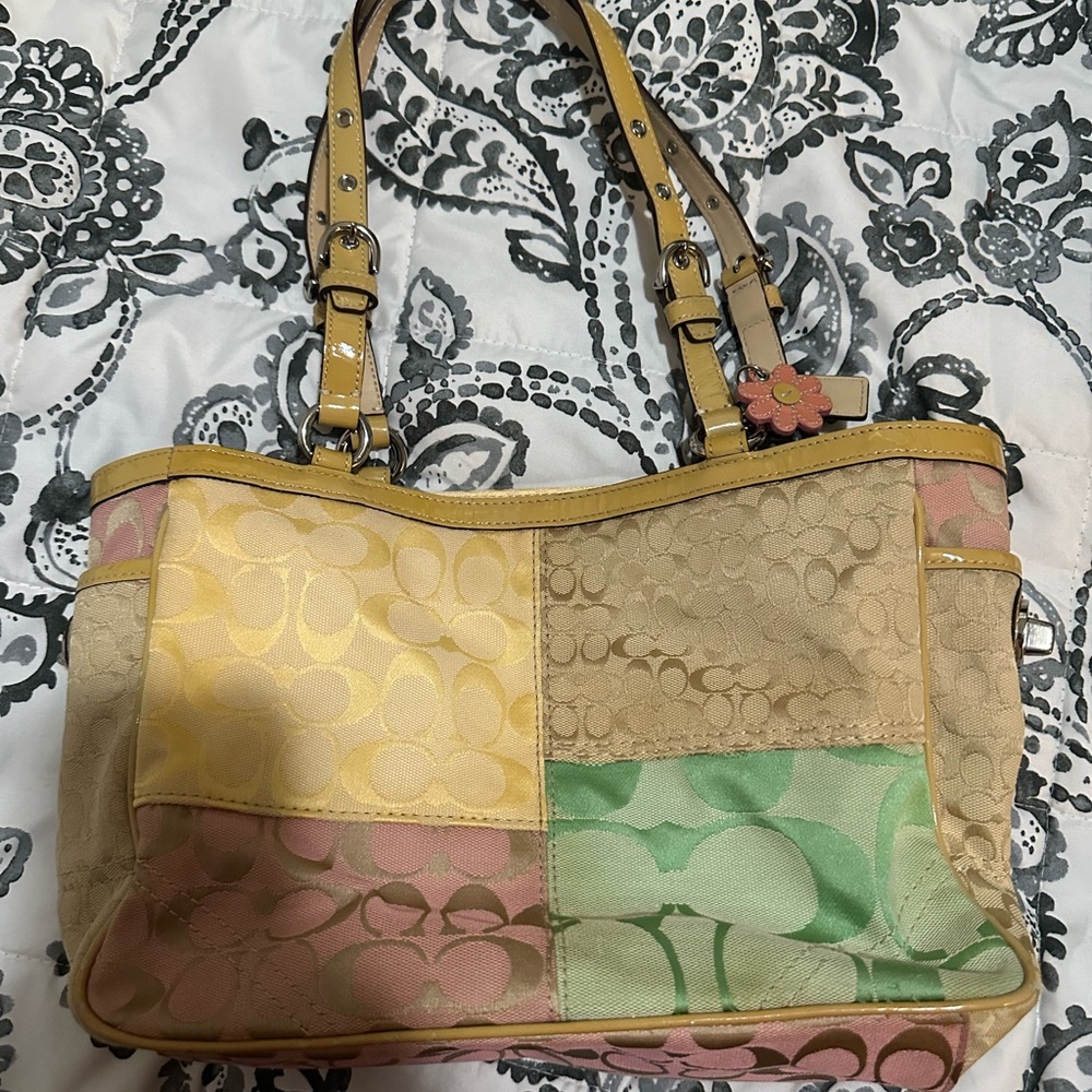 Coach Patchwork Signature Shoulder Bag in Pastel Yellow, Pink, Green, Beige